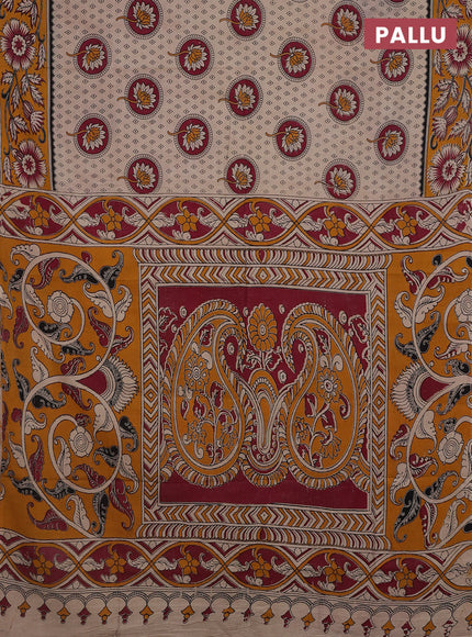 Kalamkari cotton saree beige and dark mustard with butta prints and printed border