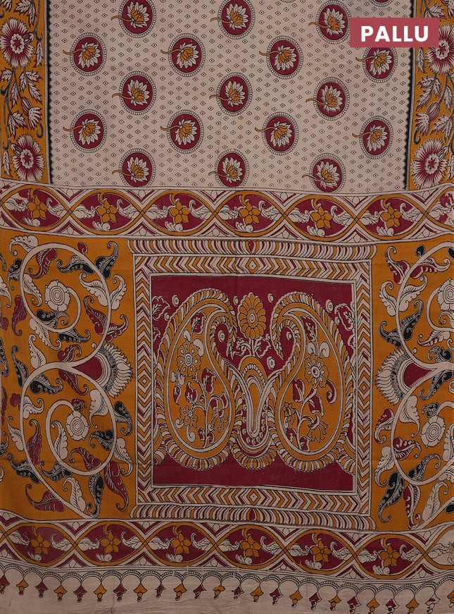 Kalamkari cotton saree beige and dark mustard with butta prints and printed border