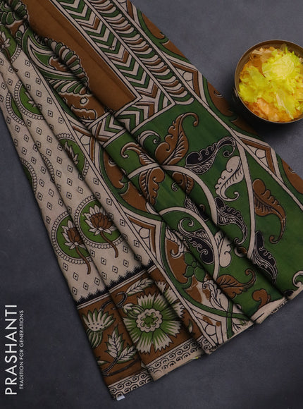 Kalamkari cotton saree beige and dark mustard with butta prints and printed border