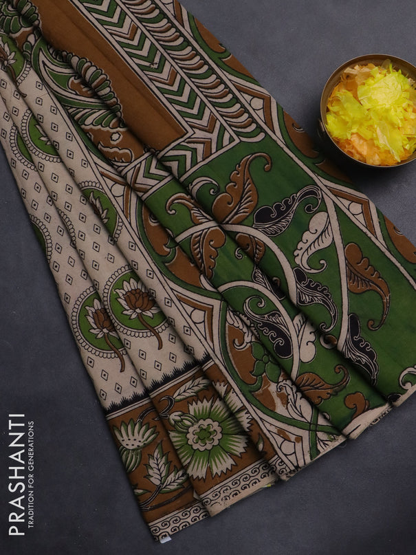 Kalamkari cotton saree beige and dark mustard with butta prints and printed border