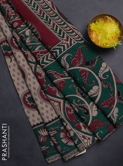 Kalamkari cotton saree beige and teal green with butta prints and printed border