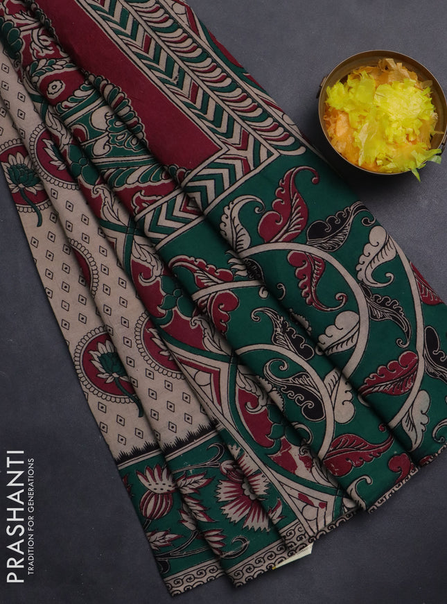 Kalamkari cotton saree beige and teal green with butta prints and printed border