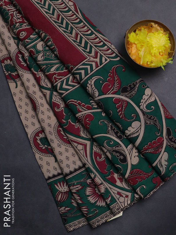 Kalamkari cotton saree beige and teal green with butta prints and printed border