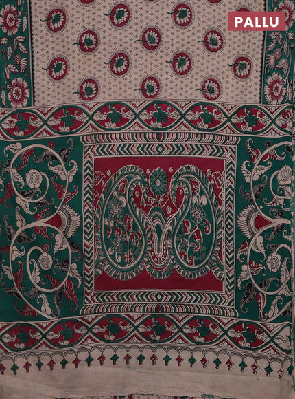 Kalamkari cotton saree beige and teal green with butta prints and printed border