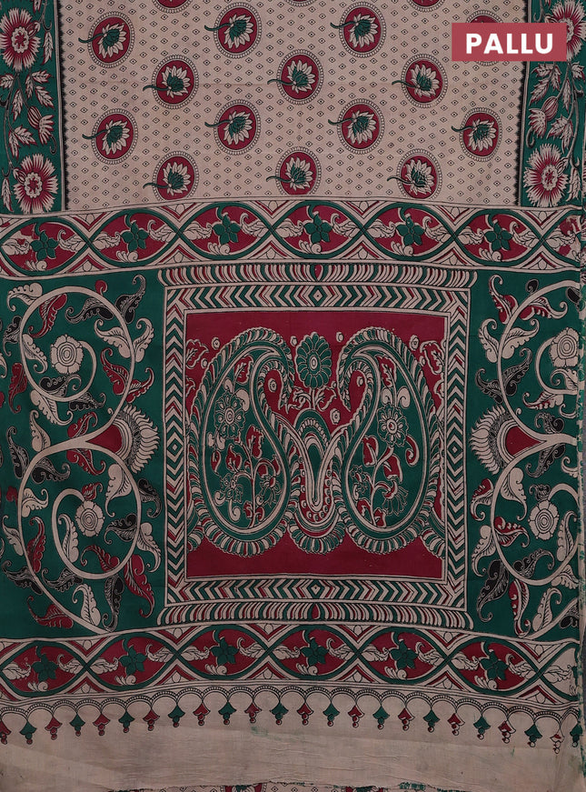 Kalamkari cotton saree beige and teal green with butta prints and printed border