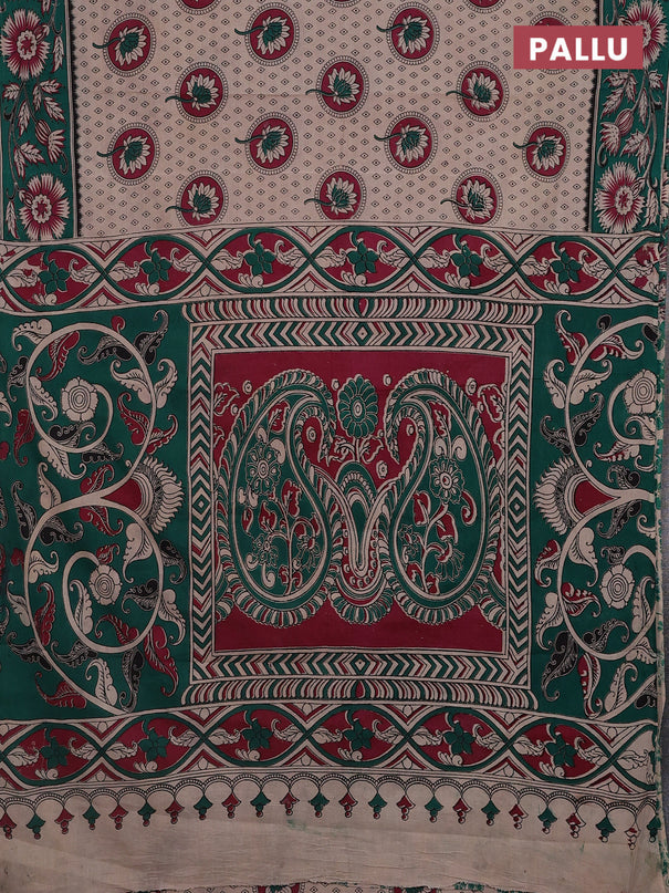 Kalamkari cotton saree beige and teal green with butta prints and printed border