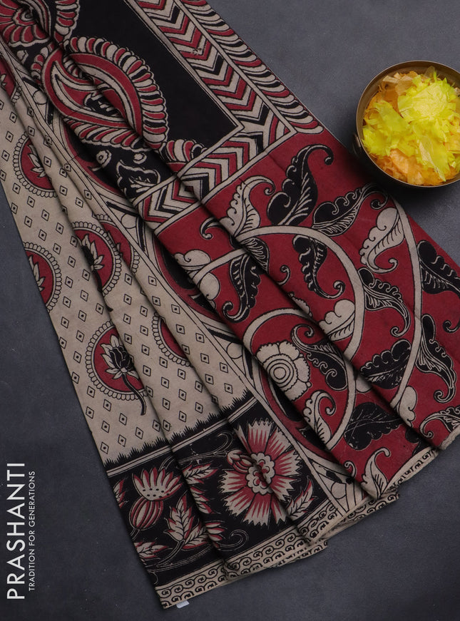 Kalamkari cotton saree beige and black with butta prints and printed border