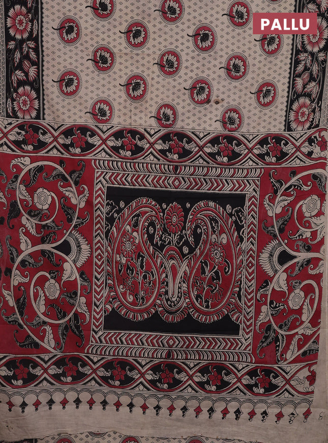 Kalamkari cotton saree beige and black with butta prints and printed border