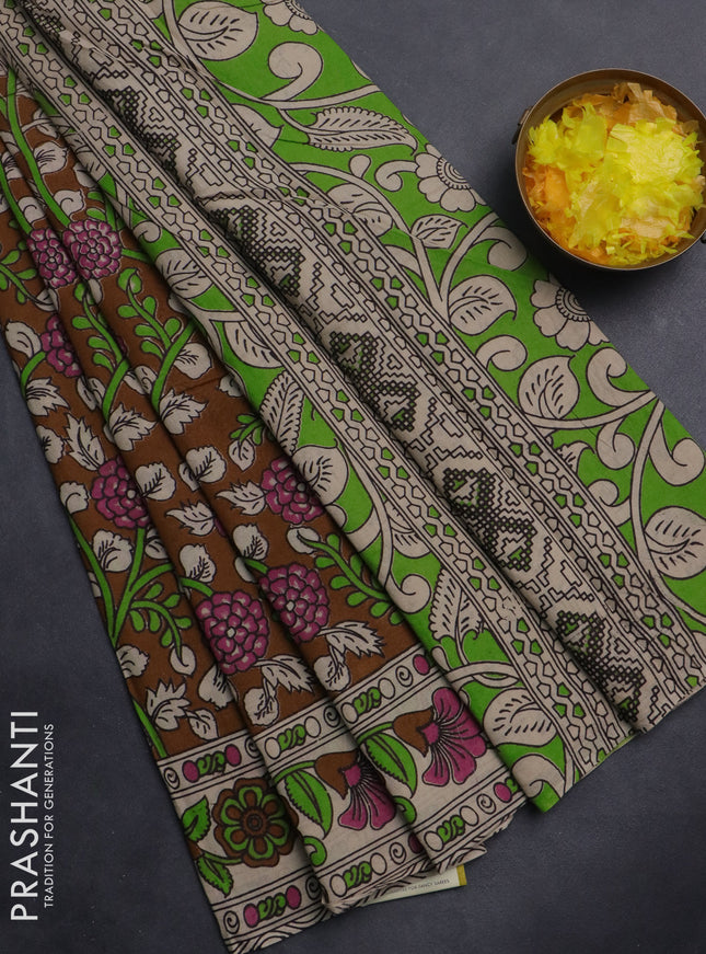 Kalamkari cotton saree brown and beige with allover prints and printed border