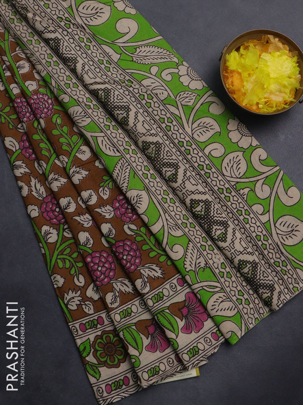 Kalamkari cotton saree brown and beige with allover prints and printed border