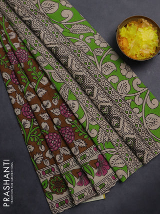 Kalamkari cotton saree brown and beige with allover prints and printed border