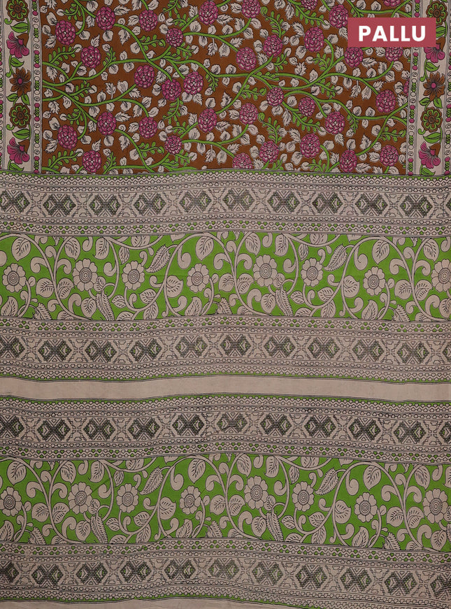 Kalamkari cotton saree brown and beige with allover prints and printed border
