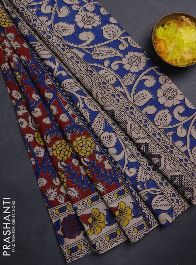 Kalamkari cotton saree maroon and beige with allover prints and printed border