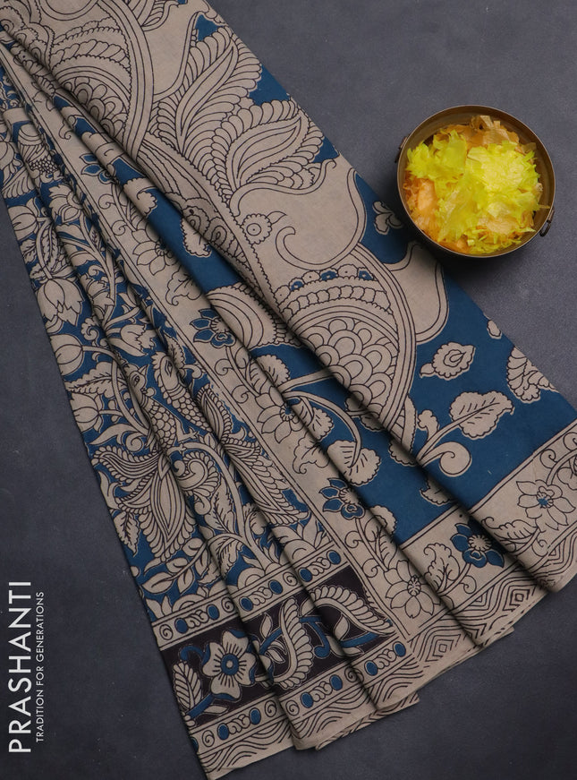 Kalamkari cotton saree peacock blue and coffee brown with allover prints and printed border
