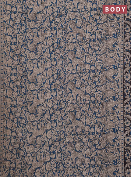 Kalamkari cotton saree peacock blue and coffee brown with allover prints and printed border