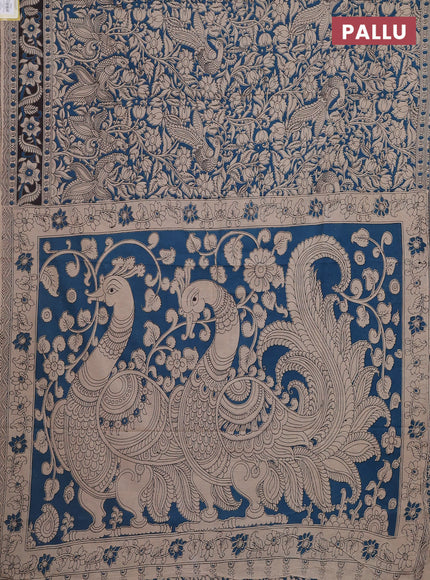 Kalamkari cotton saree peacock blue and coffee brown with allover prints and printed border