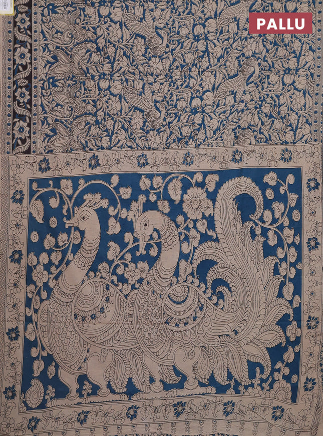 Kalamkari cotton saree peacock blue and coffee brown with allover prints and printed border