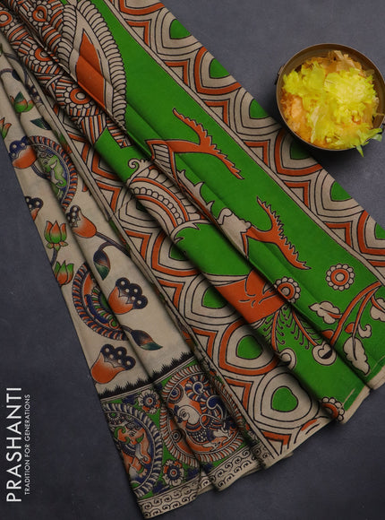 Kalamkari cotton saree beige and light green with allover prints and printed border