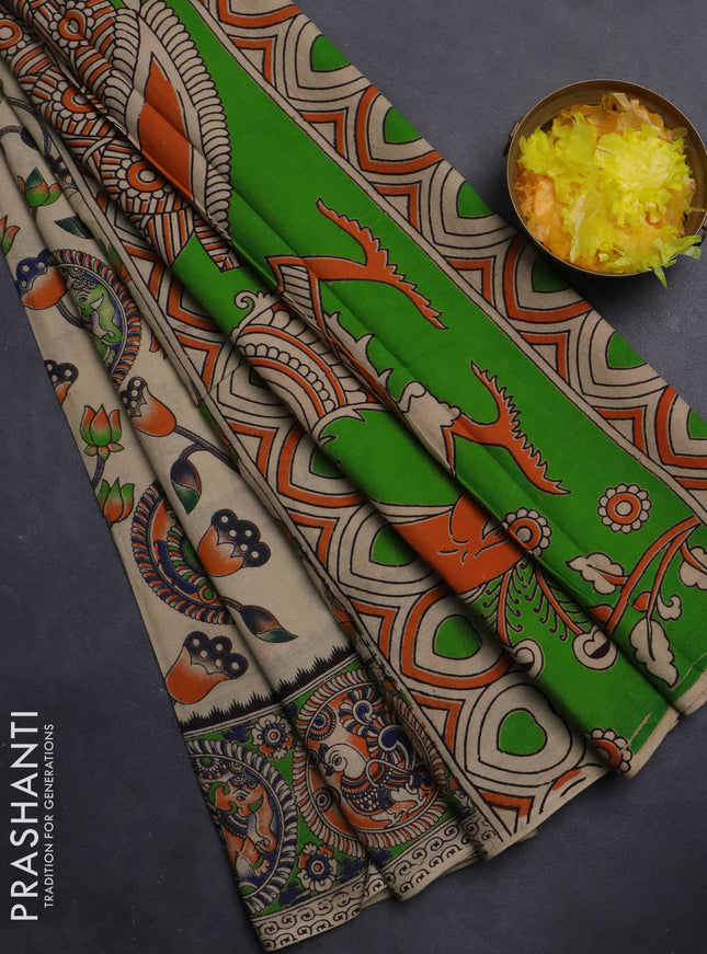 Kalamkari cotton saree beige and light green with allover prints and printed border