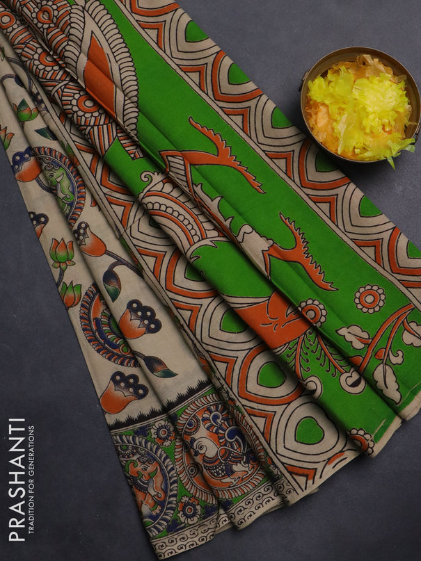 Kalamkari cotton saree beige and light green with allover prints and printed border