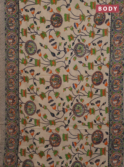 Kalamkari cotton saree beige and light green with allover prints and printed border