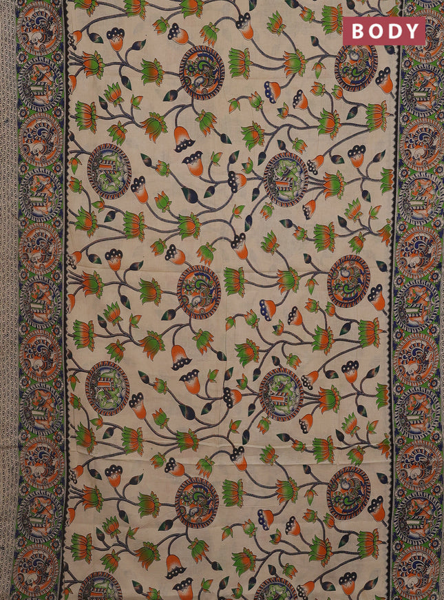 Kalamkari cotton saree beige and light green with allover prints and printed border