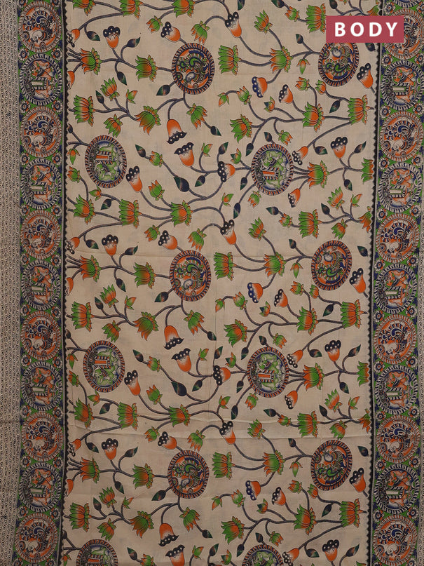 Kalamkari cotton saree beige and light green with allover prints and printed border