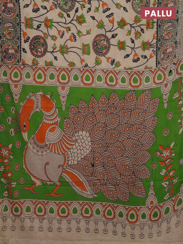 Kalamkari cotton saree beige and light green with allover prints and printed border