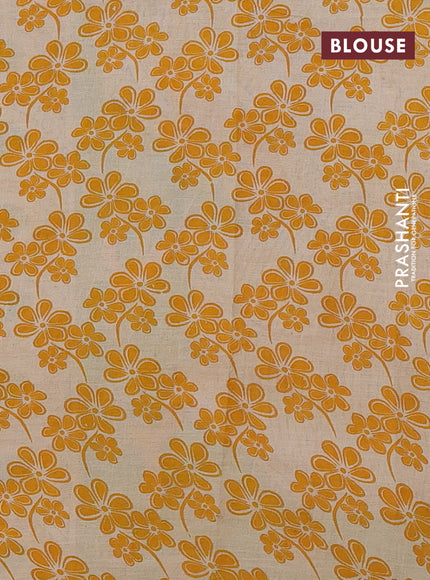 Kalamkari cotton saree mustard yellow and light green with allover prints and printed border