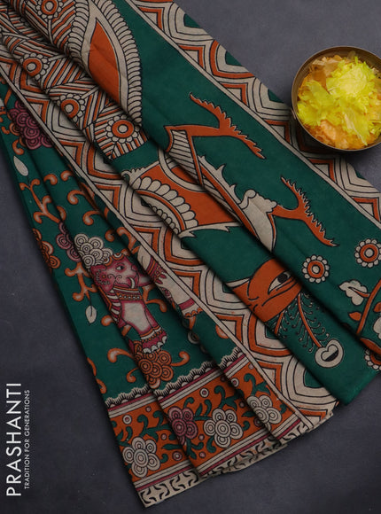 Kalamkari cotton saree green and orange with allover prints and printed border