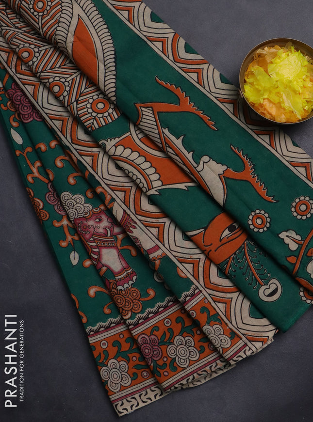 Kalamkari cotton saree green and orange with allover prints and printed border