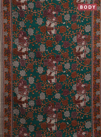 Kalamkari cotton saree green and orange with allover prints and printed border