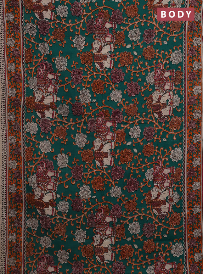 Kalamkari cotton saree green and orange with allover prints and printed border