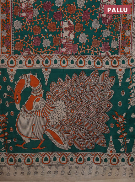 Kalamkari cotton saree green and orange with allover prints and printed border