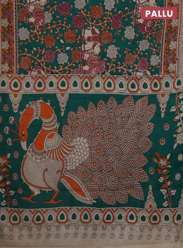 Kalamkari cotton saree green and orange with allover prints and printed border