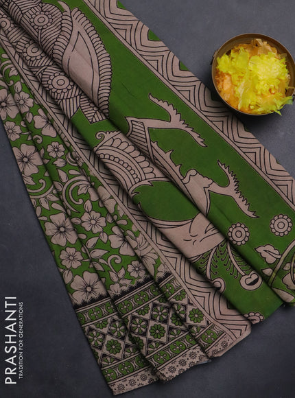 Kalamkari cotton saree green and beige with allover prints and printed border