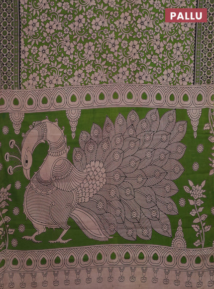Kalamkari cotton saree green and beige with allover prints and printed border
