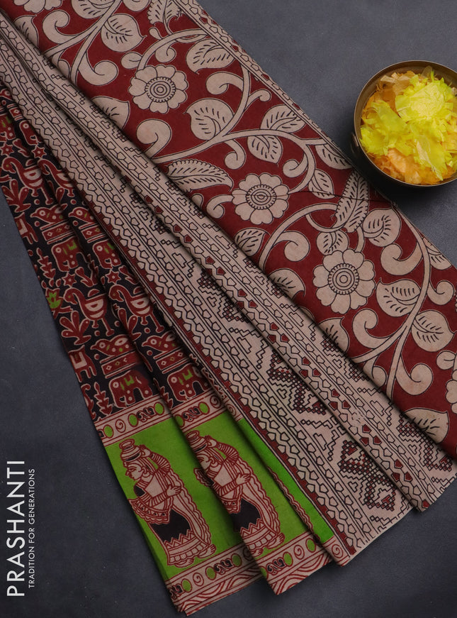 Kalamkari cotton saree black and light green with allover prints and printed border