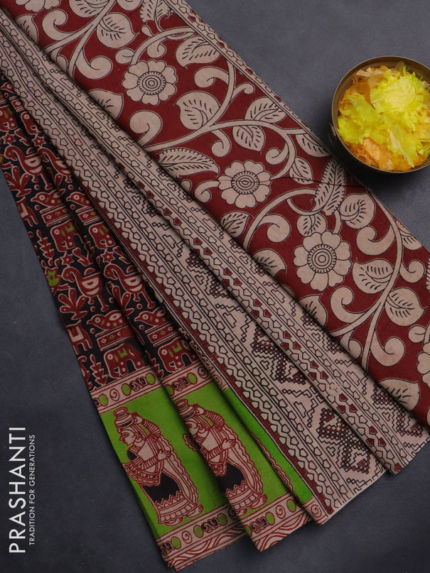 Kalamkari cotton saree black and light green with allover prints and printed border