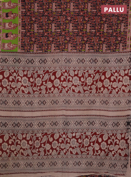 Kalamkari cotton saree black and light green with allover prints and printed border
