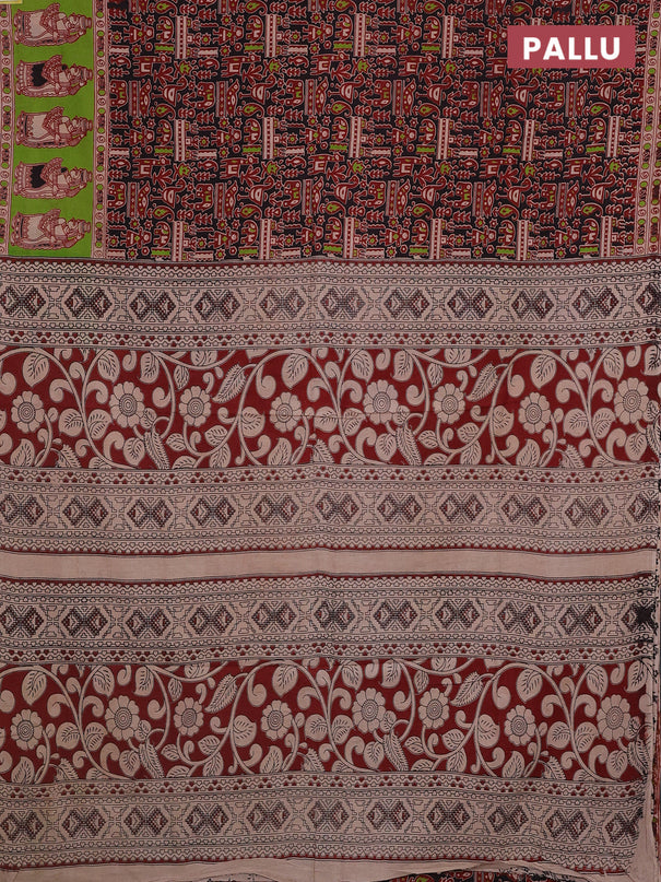 Kalamkari cotton saree black and light green with allover prints and printed border