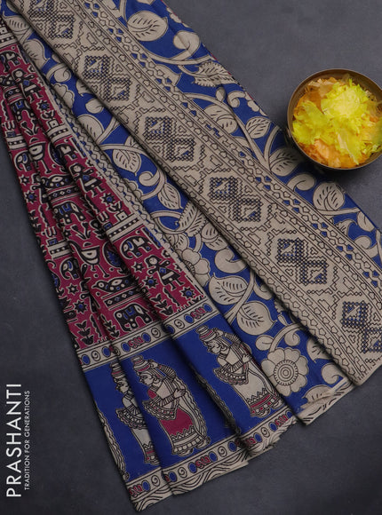 Kalamkari cotton saree dark magenta pink and blue with allover prints and printed border