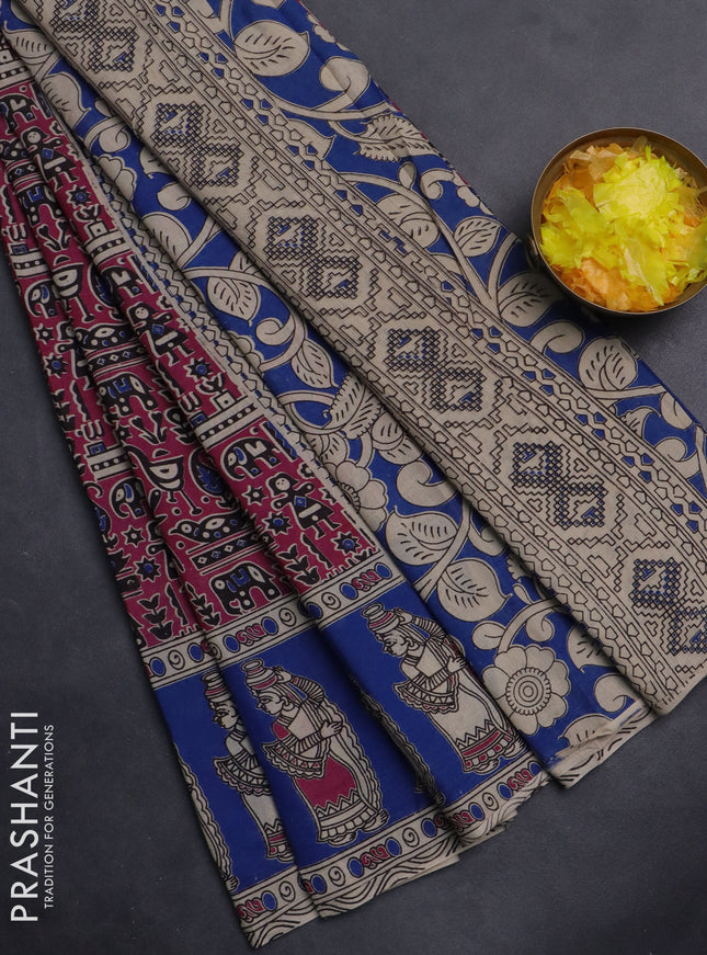Kalamkari cotton saree dark magenta pink and blue with allover prints and printed border