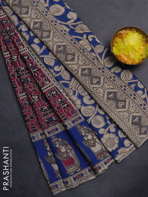 Kalamkari cotton saree dark magenta pink and blue with allover prints and printed border