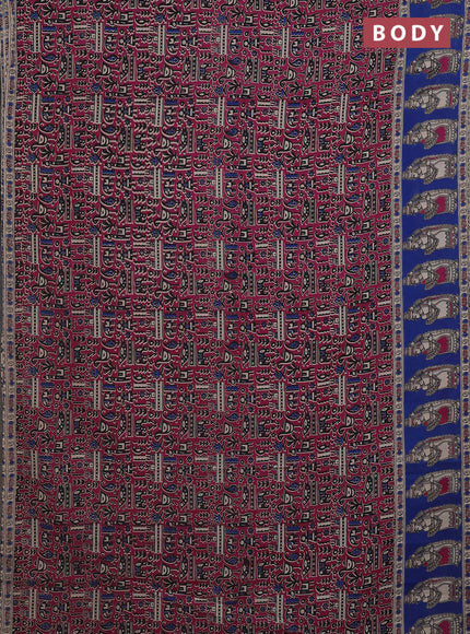 Kalamkari cotton saree dark magenta pink and blue with allover prints and printed border