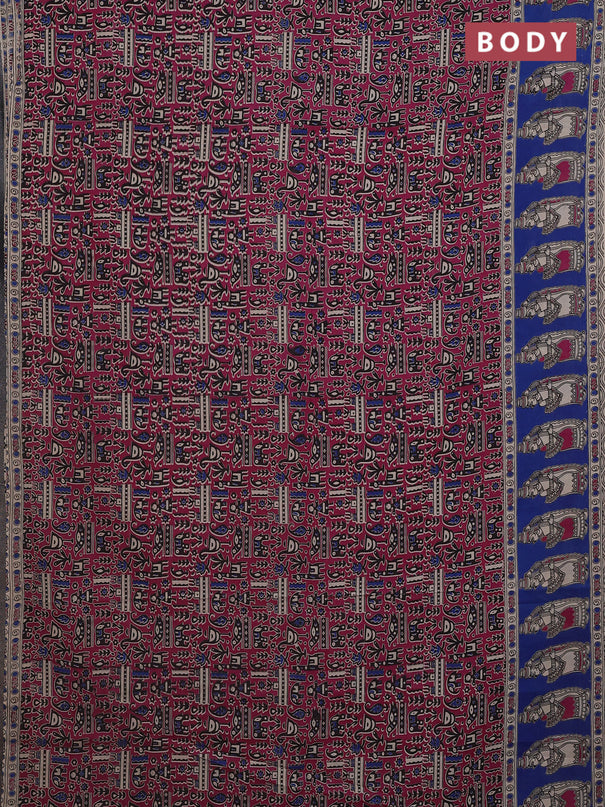 Kalamkari cotton saree dark magenta pink and blue with allover prints and printed border