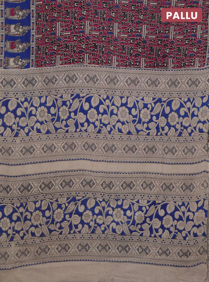 Kalamkari cotton saree dark magenta pink and blue with allover prints and printed border