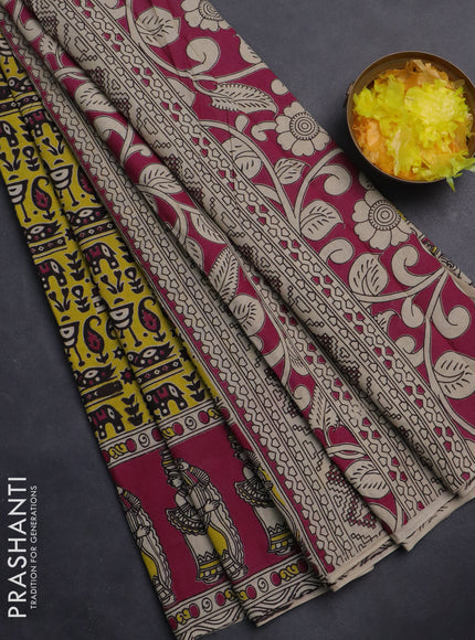 Kalamkari cotton saree beige and magenta pink with allover prints and printed border