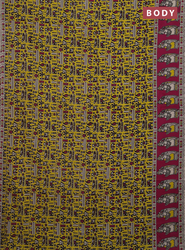 Kalamkari cotton saree beige and magenta pink with allover prints and printed border