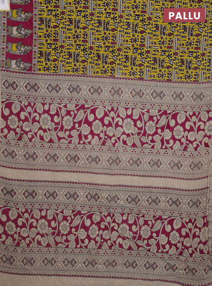 Kalamkari cotton saree beige and magenta pink with allover prints and printed border
